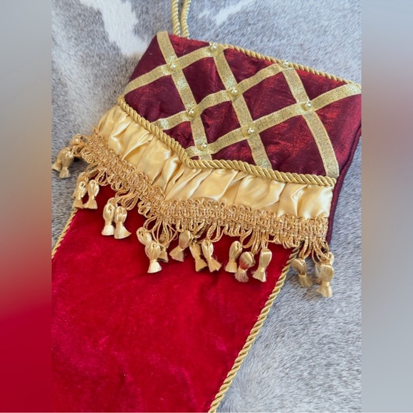 Burgundy Red Velvet & Gold Tassel Trim Christmas Stocking - Maximalist Decor - Picture 4 of 10